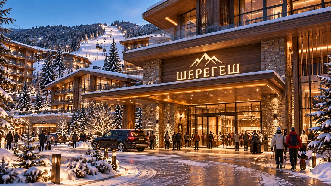 Вечерний въезд в гостиничный комплекс с вывеской «Шерегеш»